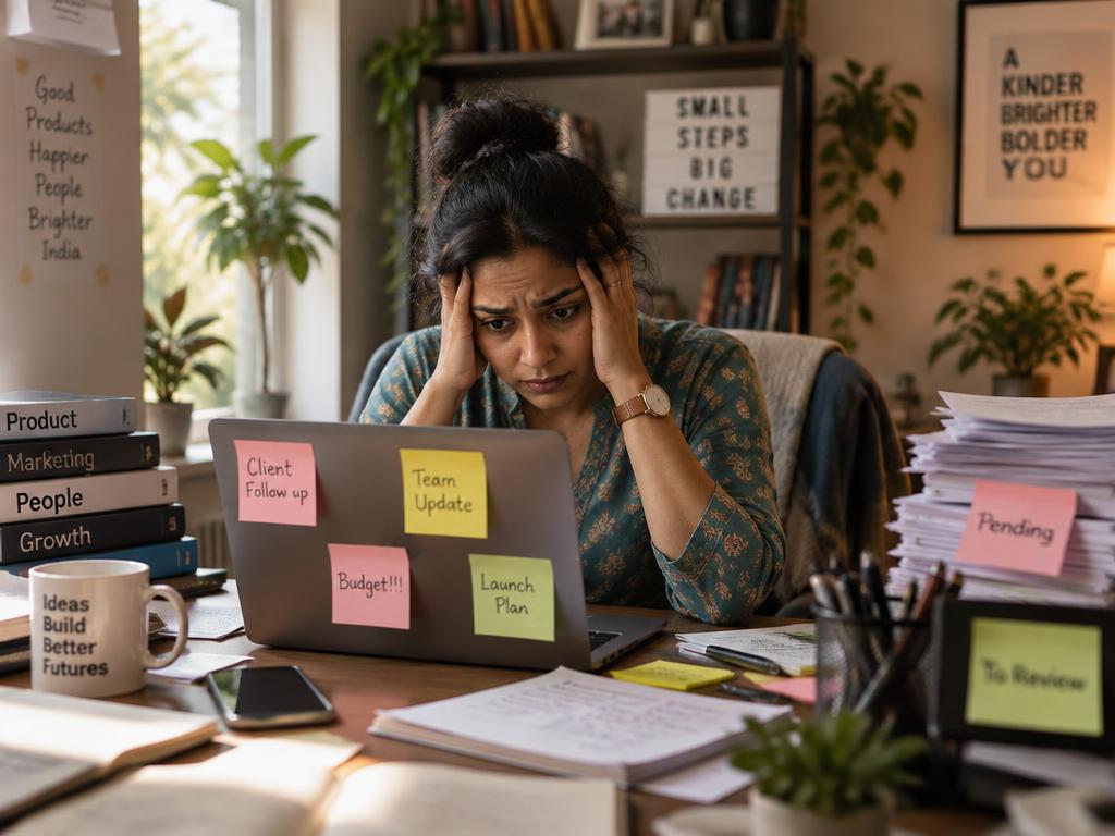 Business owner overwhelmed at a cluttered desk